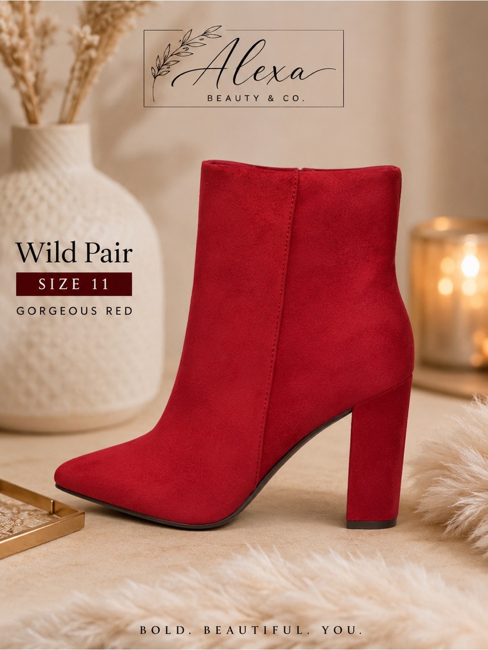 Wild Pair Red Suede Block Heel Ankle Boots